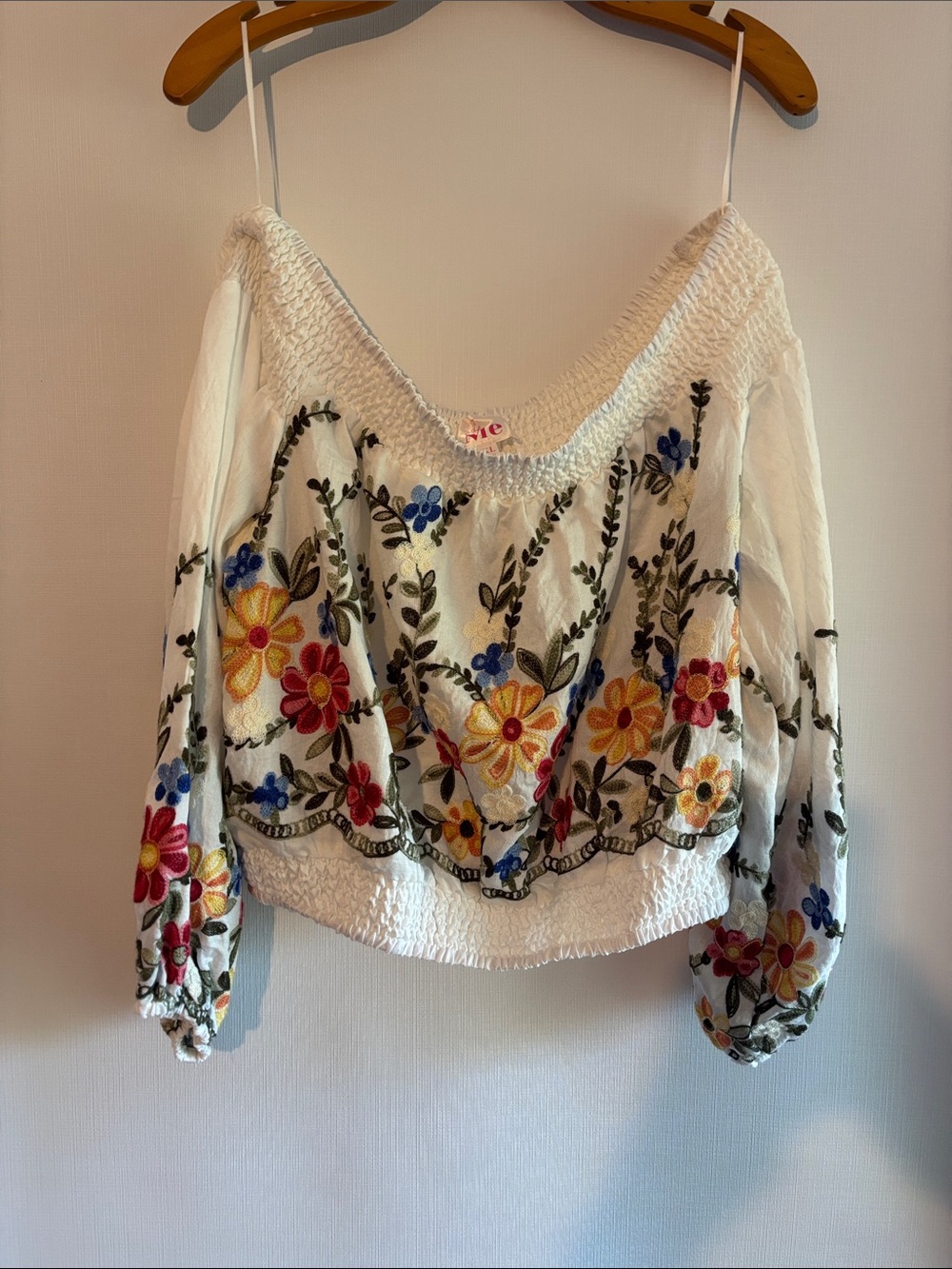 ME Makeover Essentials White Off-Shoulder Embroidered Floral Blouse